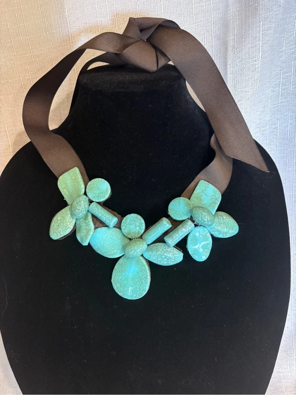 Statement Turquoise Floral Resin Necklace - Brown Ribbon